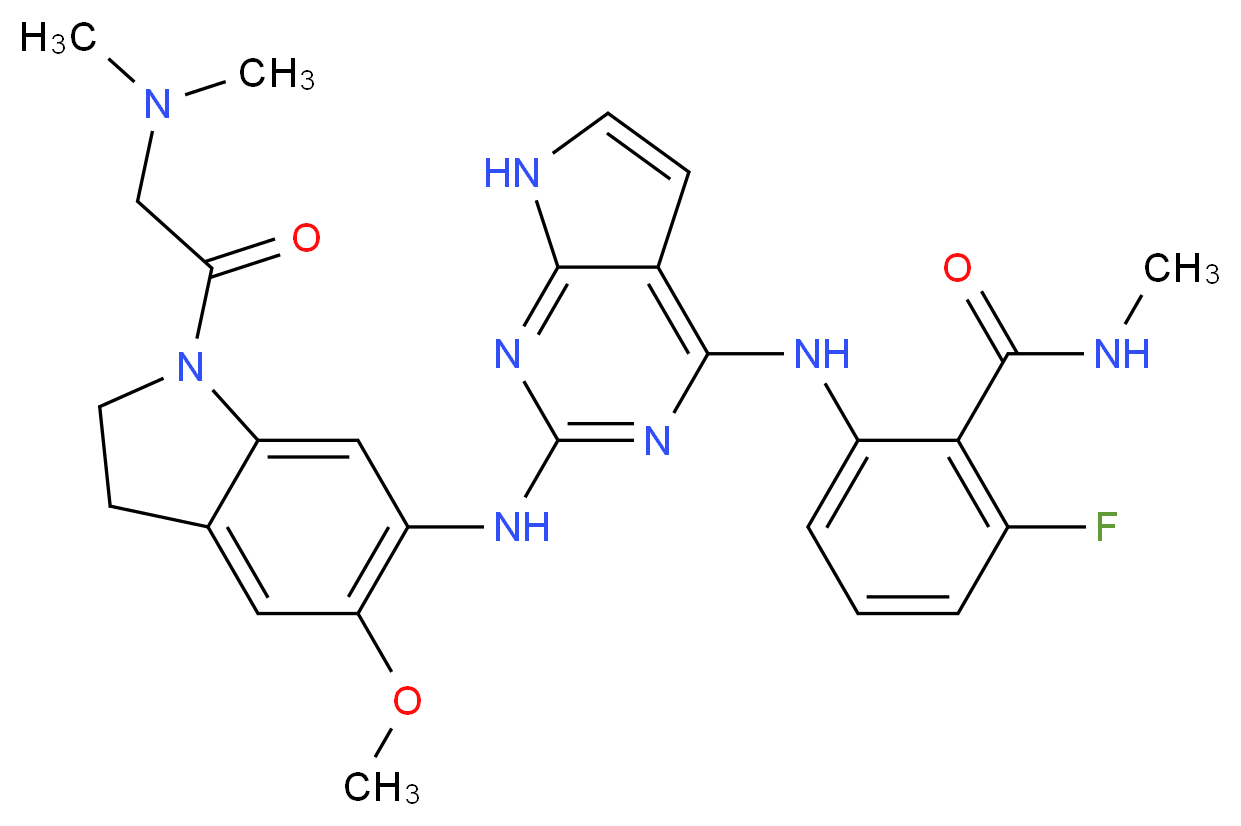 2-{[2-({1-[2-(dimethylamino)acetyl]-5-methoxy-2,3-dihydro-1H-indol-6-yl}amino)-7H-pyrrolo[2,3-d]pyrimidin-4-yl]amino}-6-fluoro-N-methylbenzamide_分子结构_CAS_1116235-97-2