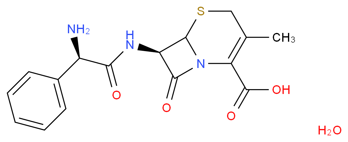 (7R)-7-[(2R)-2-amino-2-phenylacetamido]-3-methyl-8-oxo-5-thia-1-azabicyclo[4.2.0]oct-2-ene-2-carboxylic acid hydrate_分子结构_CAS_15686-71-2