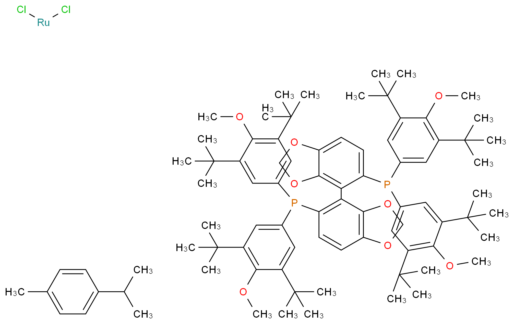 (4-{5-[bis(3,5-di-tert-butyl-4-methoxyphenyl)phosphanyl]-2H-1,3-benzodioxol-4-yl}-2H-1,3-benzodioxol-5-yl)bis(3,5-di-tert-butyl-4-methoxyphenyl)phosphane; 1-methyl-4-(propan-2-yl)benzene; dichlororuthenium_分子结构_CAS_944451-32-5