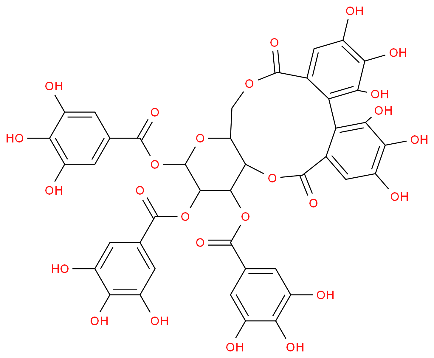 3,4,5,21,22,23-hexahydroxy-8,18-dioxo-11,12-bis(3,4,5-trihydroxybenzoyloxy)-9,14,17-trioxatetracyclo[17.4.0.0<sup>2</sup>,<sup>7</sup>.0<sup>1</sup><sup>0</sup>,<sup>1</sup><sup>5</sup>]tricosa-1(23),2,4,6,19,21-hexaen-13-yl 3,4,5-trihydroxybenzoate_分子结构_CAS_58970-75-5