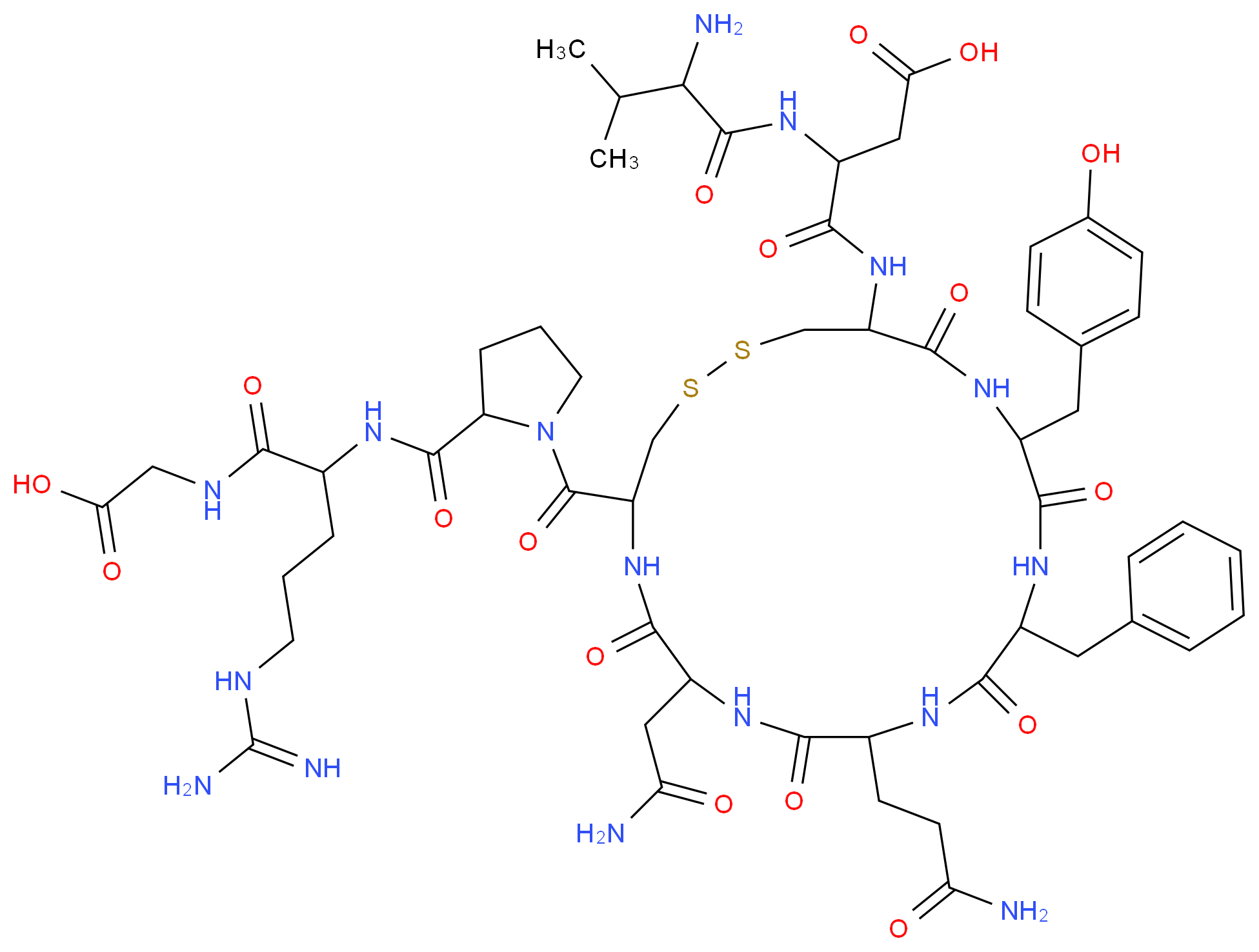 3-(2-amino-3-methylbutanamido)-3-({13-benzyl-4-[2-({4-carbamimidamido-1-[(carboxymethyl)carbamoyl]butyl}carbamoyl)pyrrolidine-1-carbonyl]-10-(2-carbamoylethyl)-7-(carbamoylmethyl)-16-[(4-hydroxyphenyl)methyl]-6,9,12,15,18-pentaoxo-1,2-dithia-5,8,11,14,17-pentaazacycloicosan-19-yl}carbamoyl)propanoic acid_分子结构_CAS_100930-18-5