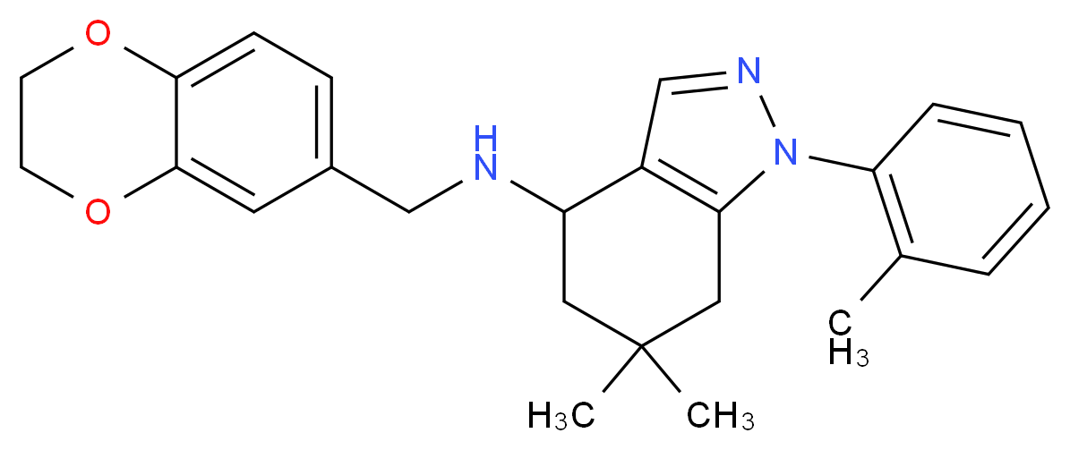 N-(2,3-dihydro-1,4-benzodioxin-6-ylmethyl)-6,6-dimethyl-1-(2-methylphenyl)-4,5,6,7-tetrahydro-1H-indazol-4-amine_分子结构_CAS_)
