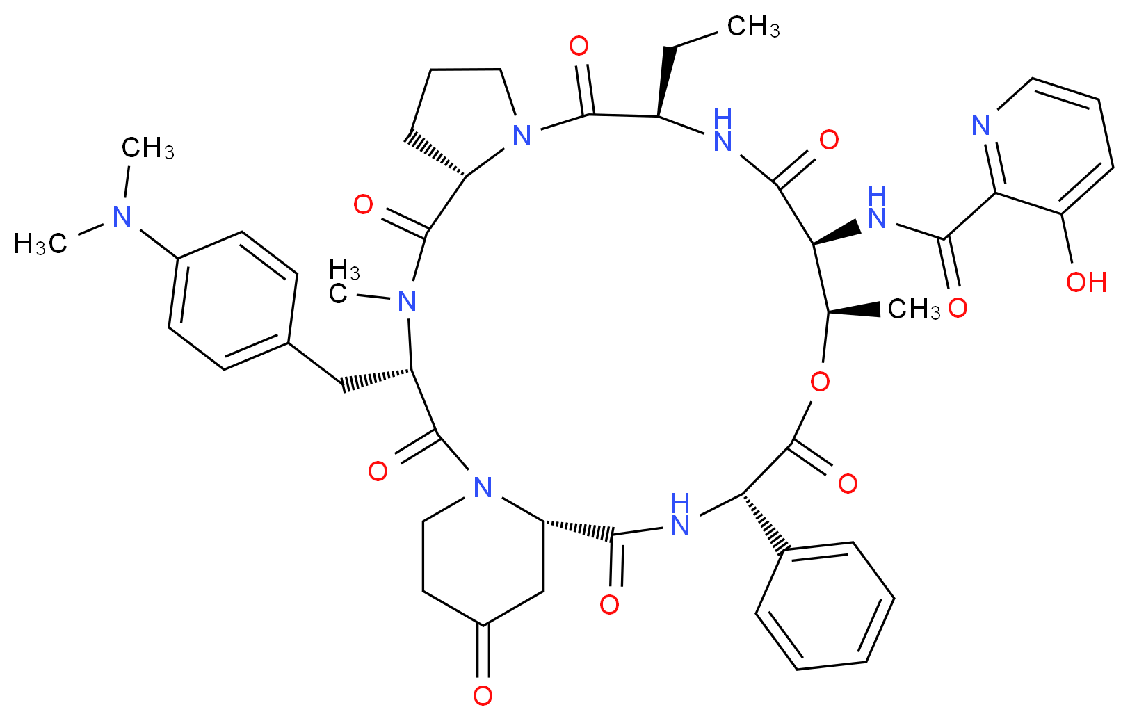 N-[(3S,6S,12R,15S,16R,19S,22S)-3-{[4-(dimethylamino)phenyl]methyl}-12-ethyl-4,16-dimethyl-2,5,11,14,18,21,24-heptaoxo-19-phenyl-17-oxa-1,4,10,13,20-pentaazatricyclo[20.4.0.0<sup>6</sup>,<sup>1</sup><sup>0</sup>]hexacosan-15-yl]-3-hydroxypyridine-2-carboxamide_分子结构_CAS_3131-03-1