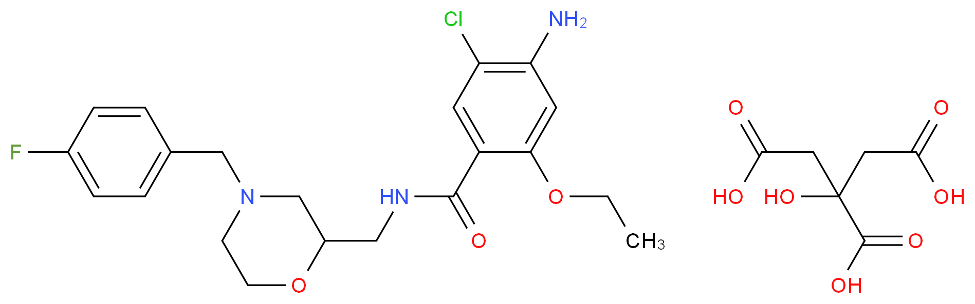 2-hydroxypropane-1,2,3-tricarboxylic acid; 4-amino-5-chloro-2-ethoxy-N-({4-[(4-fluorophenyl)methyl]morpholin-2-yl}methyl)benzamide_分子结构_CAS_636582-62-2