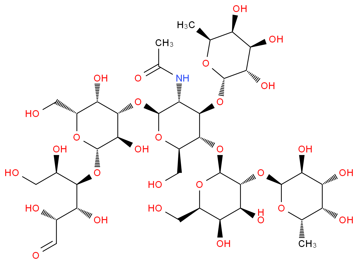 N-[(2S,3R,4R,5S,6R)-2-{[(2R,3S,4S,5R,6S)-3,5-dihydroxy-2-(hydroxymethyl)-6-{[(2R,3R,4R,5R)-1,2,4,5-tetrahydroxy-6-oxohexan-3-yl]oxy}oxan-4-yl]oxy}-5-{[(2S,3R,4S,5R,6R)-4,5-dihydroxy-6-(hydroxymethyl)-3-{[(2S,3S,4R,5S,6S)-3,4,5-trihydroxy-6-methyloxan-2-yl]oxy}oxan-2-yl]oxy}-6-(hydroxymethyl)-4-{[(2S,3S,4R,5S,6S)-3,4,5-trihydroxy-6-methyloxan-2-yl]oxy}oxan-3-yl]acetamide_分子结构_CAS_62469-99-2