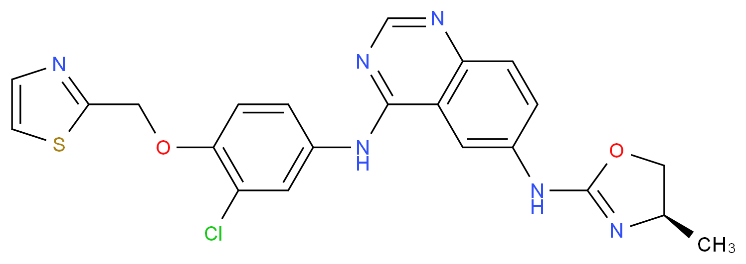 N4-[3-chloro-4-(1,3-thiazol-2-ylmethoxy)phenyl]-N6-[(4R)-4-methyl-4,5-dihydro-1,3-oxazol-2-yl]quinazoline-4,6-diamine_分子结构_CAS_845272-21-1