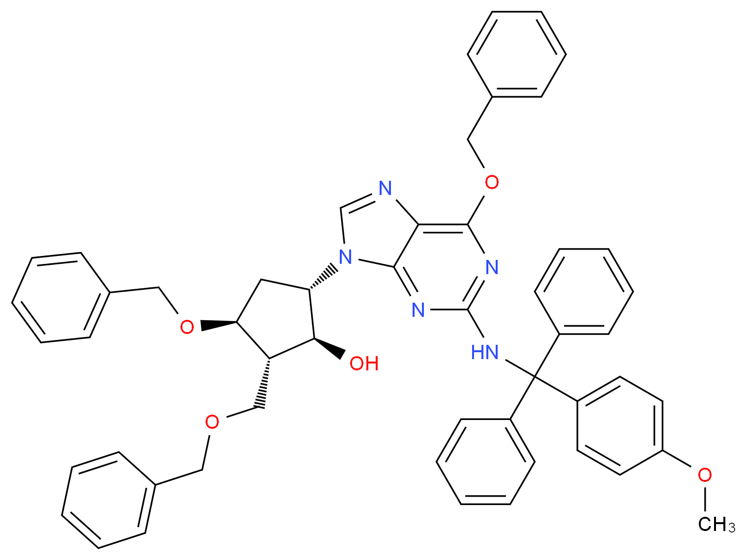 (1S,2S,3S,5S)-3-(benzyloxy)-5-(6-(benzyloxy)-2-(((4-methoxyphenyl)diphenylmethyl)amino)-9H-purin-9-yl)-2-((benzyloxy)methyl)cyclopentanol_分子结构_CAS_142217-78-5)