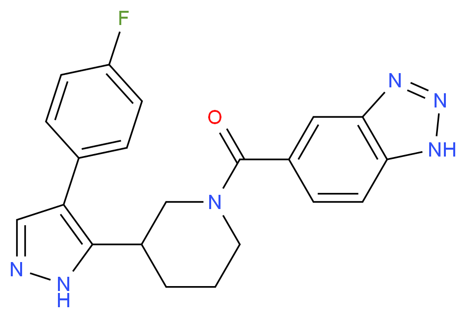 5-({3-[4-(4-fluorophenyl)-1H-pyrazol-5-yl]piperidin-1-yl}carbonyl)-1H-1,2,3-benzotriazole_分子结构_CAS_)