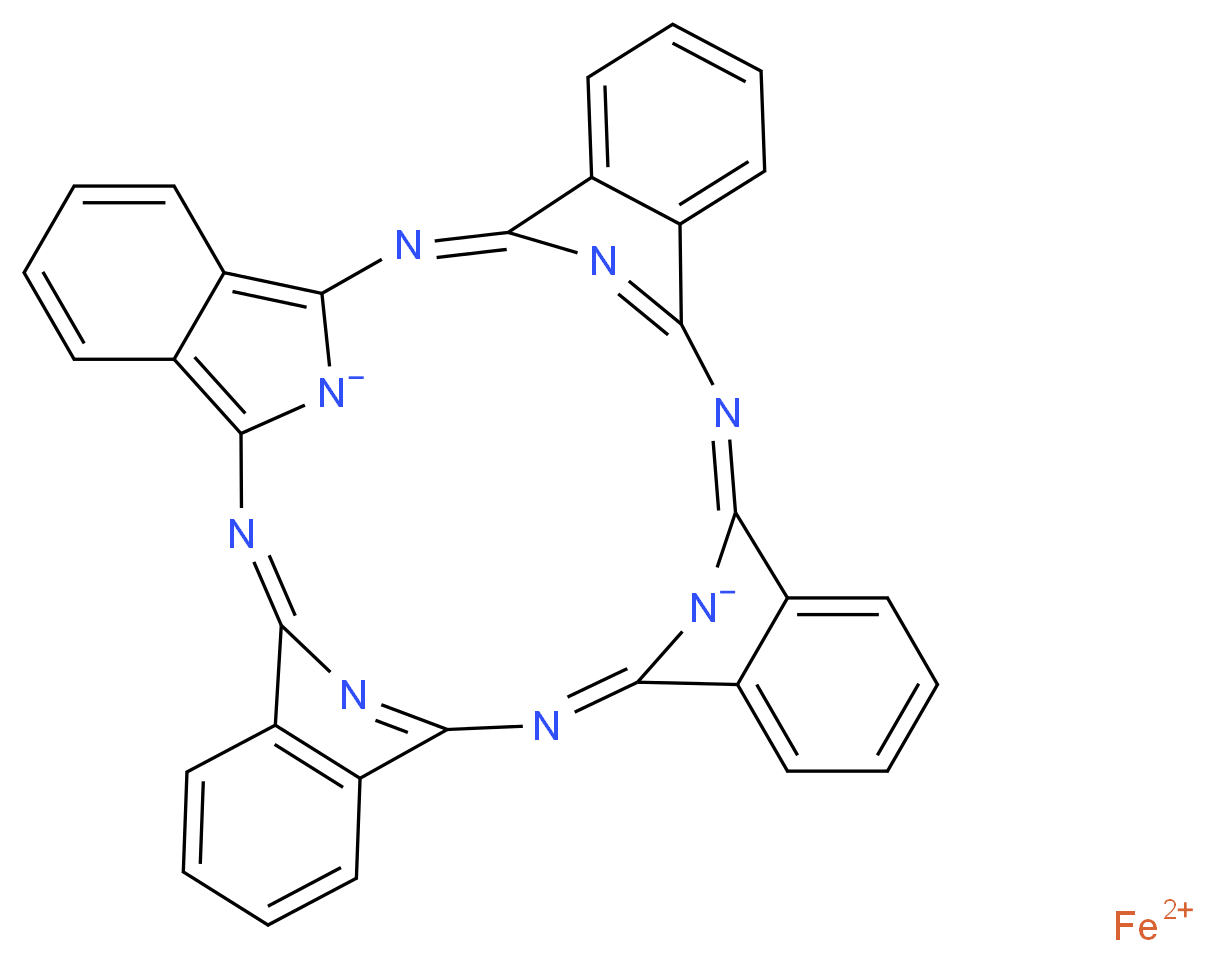 λ<sup>2</sup>-iron(2+) ion 2,11,20,29,37,38,39,40-octaazanonacyclo[28.6.1.1<sup>3</sup>,<sup>1</sup><sup>0</sup>.1<sup>1</sup><sup>2</sup>,<sup>1</sup><sup>9</sup>.1<sup>2</sup><sup>1</sup>,<sup>2</sup><sup>8</sup>.0<sup>4</sup>,<sup>9</sup>.0<sup>1</sup><sup>3</sup>,<sup>1</sup><sup>8</sup>.0<sup>2</sup><sup>2</sup>,<sup>2</sup><sup>7</sup>.0<sup>3</sup><sup>1</sup>,<sup>3</sup><sup>6</sup>]tetraconta-1(36),2,4,6,8,10(40),11,13,15,17,19,21(38),22,24,26,28,30,32,34-nonadecaene-37,39-diide_分子结构_CAS_132-16-1