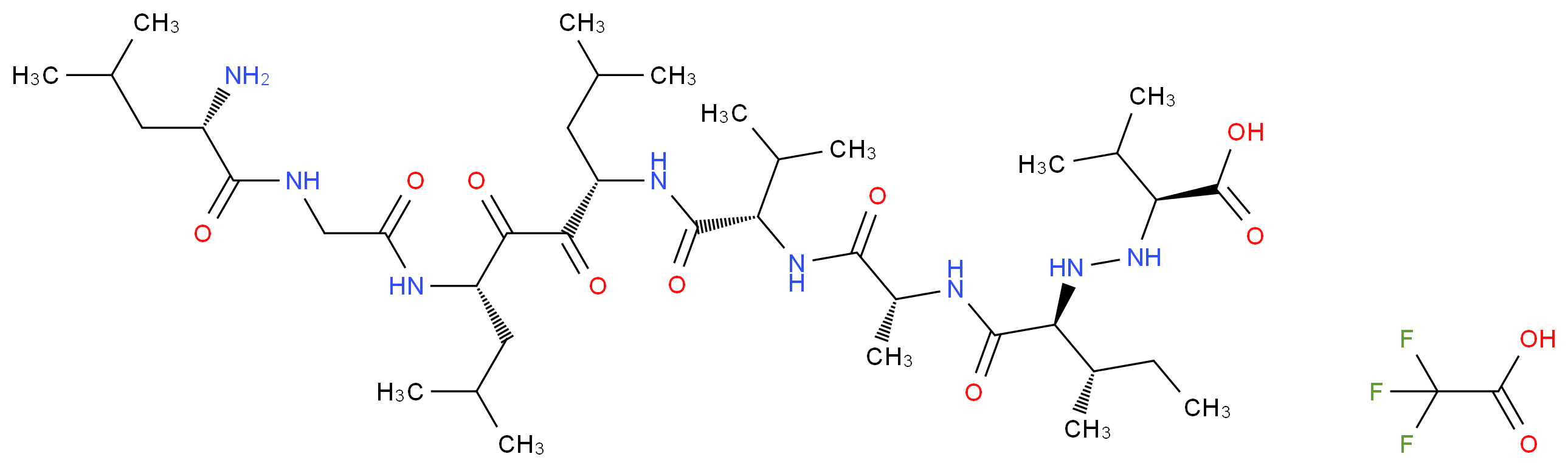 (2S)-2-{2-[(1S,2S)-1-{[(1R)-1-{[(1S)-1-{[(4S,7S)-7-{2-[(2S)-2-amino-4-methylpentanamido]acetamido}-2,9-dimethyl-5,6-dioxodecan-4-yl]carbamoyl}-2-methylpropyl]carbamoyl}ethyl]carbamoyl}-2-methylbutyl]hydrazin-1-yl}-3-methylbutanoic acid; trifluoroacetic acid_分子结构_CAS_1163243-88-6