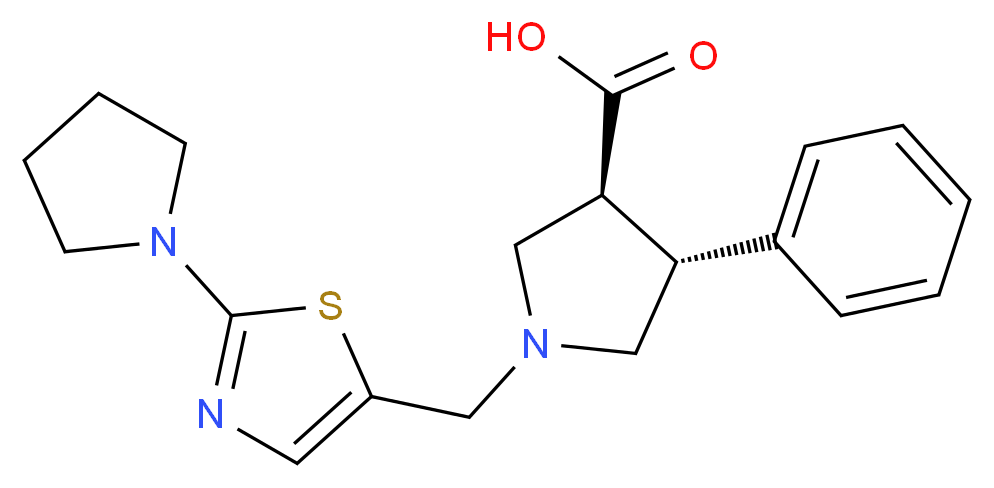 (3S*,4R*)-4-phenyl-1-[(2-pyrrolidin-1-yl-1,3-thiazol-5-yl)methyl]pyrrolidine-3-carboxylic acid_分子结构_CAS_)
