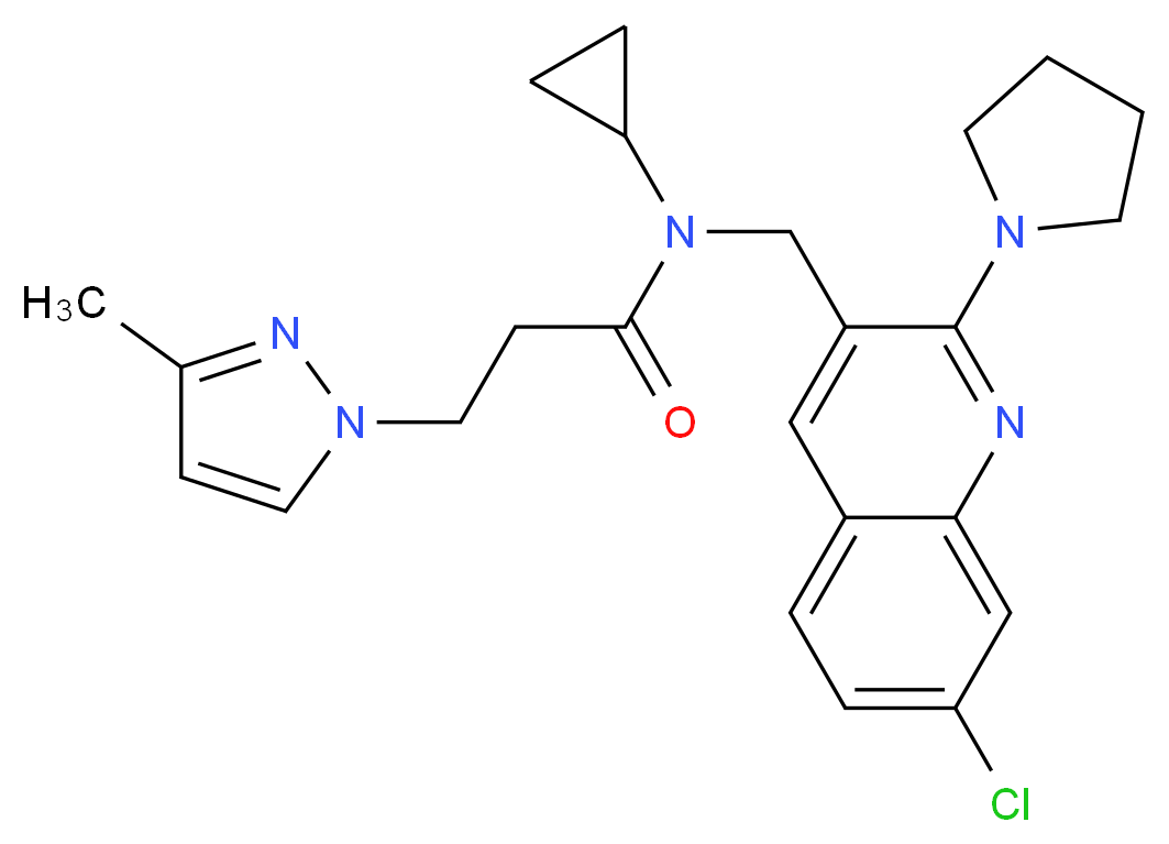 N-{[7-chloro-2-(1-pyrrolidinyl)-3-quinolinyl]methyl}-N-cyclopropyl-3-(3-methyl-1H-pyrazol-1-yl)propanamide_分子结构_CAS_)