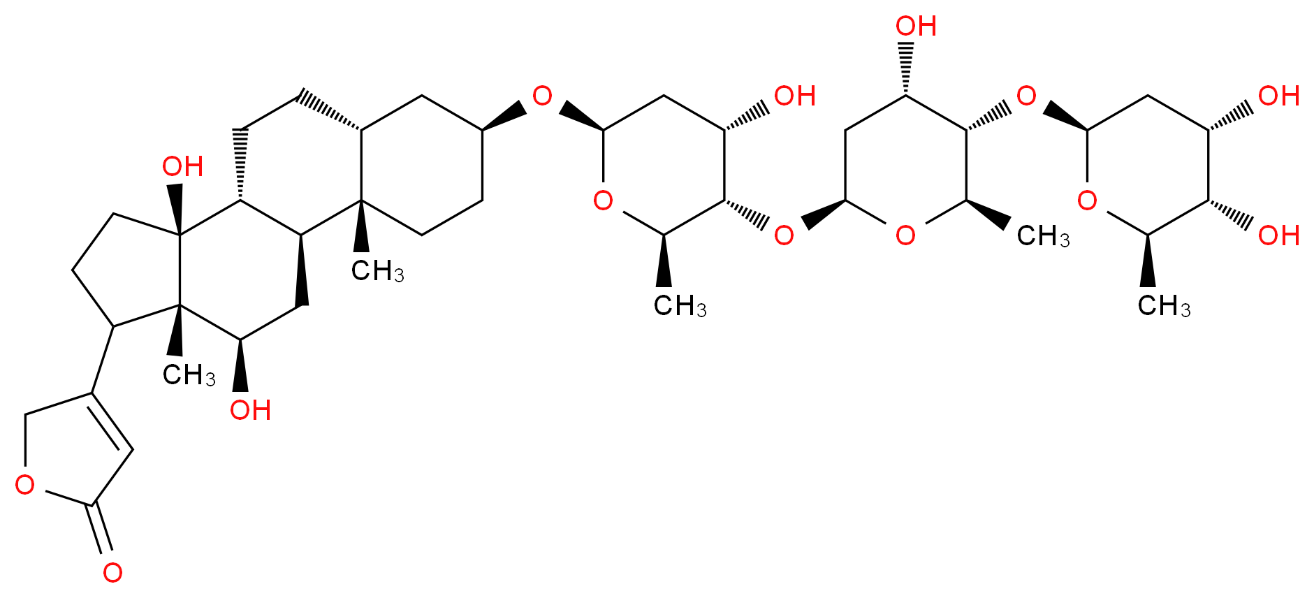 4-[(1S,2S,5S,7R,10R,11S,15S,16R)-5-{[(2R,4S,5S,6R)-5-{[(2S,4S,5S,6R)-5-{[(2S,4S,5S,6R)-4,5-dihydroxy-6-methyloxan-2-yl]oxy}-4-hydroxy-6-methyloxan-2-yl]oxy}-4-hydroxy-6-methyloxan-2-yl]oxy}-11,16-dihydroxy-2,15-dimethyltetracyclo[8.7.0.0^{2,7}.0^{11,15}]heptadecan-14-yl]-2,5-dihydrofuran-2-one_分子结构_CAS_20830-75-5