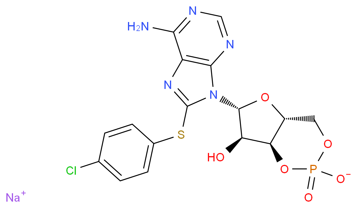 sodium (4aR,6R,7R,7aS)-6-{6-amino-8-[(4-chlorophenyl)sulfanyl]-9H-purin-9-yl}-7-hydroxy-2-oxo-hexahydro-1,3,5,2λ<sup>5</sup>-furo[3,2-d][1,3,2λ<sup>5</sup>]dioxaphosphinin-2-olate_分子结构_CAS_93882-12-3