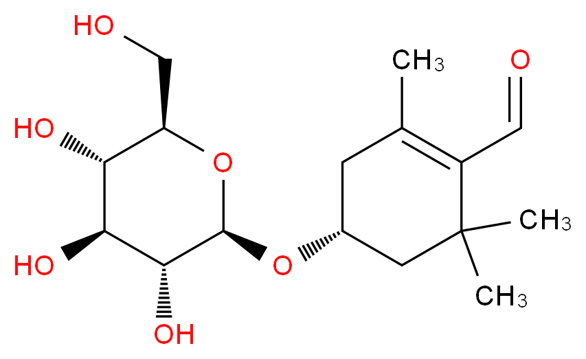 (4R)-2,6,6-trimethyl-4-{[(2R,3R,4S,5S,6R)-3,4,5-trihydroxy-6-(hydroxymethyl)oxan-2-yl]oxy}cyclohex-1-ene-1-carbaldehyde_分子结构_CAS_138-55-6