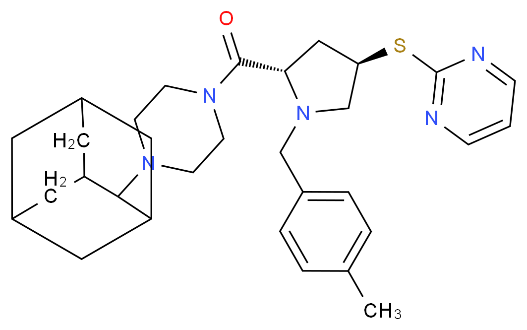 2-{[(3R,5S)-5-{[4-(2-adamantyl)-1-piperazinyl]carbonyl}-1-(4-methylbenzyl)-3-pyrrolidinyl]thio}pyrimidine_分子结构_CAS_)