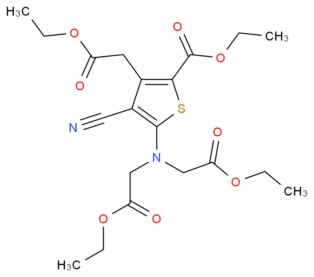 ethyl 5-[bis(2-ethoxy-2-oxoethyl)amino]-4-cyano-3-(2-ethoxy-2-oxoethyl)thiophene-2-carboxylate_分子结构_CAS_58194-26-6