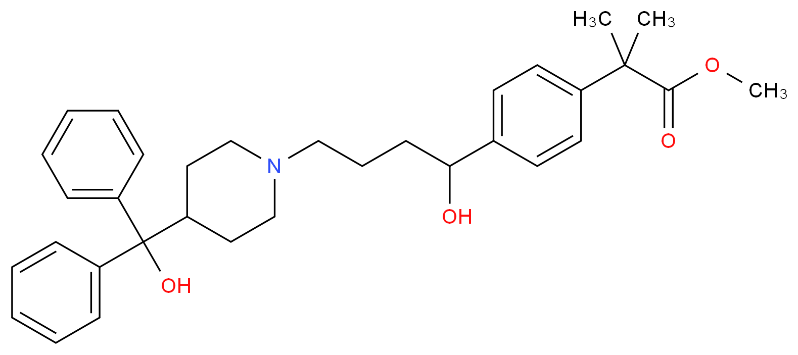 methyl 2-(4-{1-hydroxy-4-[4-(hydroxydiphenylmethyl)piperidin-1-yl]butyl}phenyl)-2-methylpropanoate_分子结构_CAS_154825-96-4