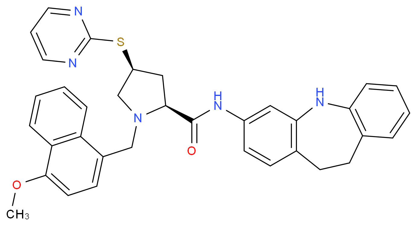 (4S)-N-(10,11-dihydro-5H-dibenzo[b,f]azepin-3-yl)-1-[(4-methoxy-1-naphthyl)methyl]-4-(2-pyrimidinylthio)-L-prolinamide_分子结构_CAS_)