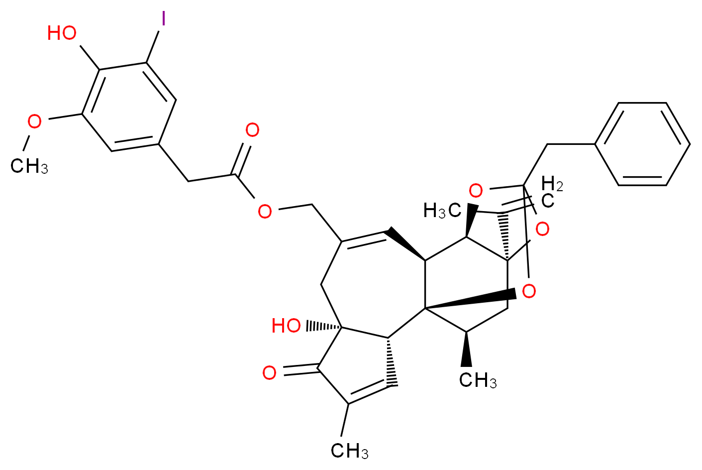 [(1R,2R,6R,10S,11R,15R,17R)-13-benzyl-6-hydroxy-4,17-dimethyl-5-oxo-15-(prop-1-en-2-yl)-12,14,18-trioxapentacyclo[11.4.1.0<sup>1</sup>,<sup>1</sup><sup>0</sup>.0<sup>2</sup>,<sup>6</sup>.0<sup>1</sup><sup>1</sup>,<sup>1</sup><sup>5</sup>]octadeca-3,8-dien-8-yl]methyl 2-(4-hydroxy-3-iodo-5-methoxyphenyl)acetate_分子结构_CAS_535974-91-5