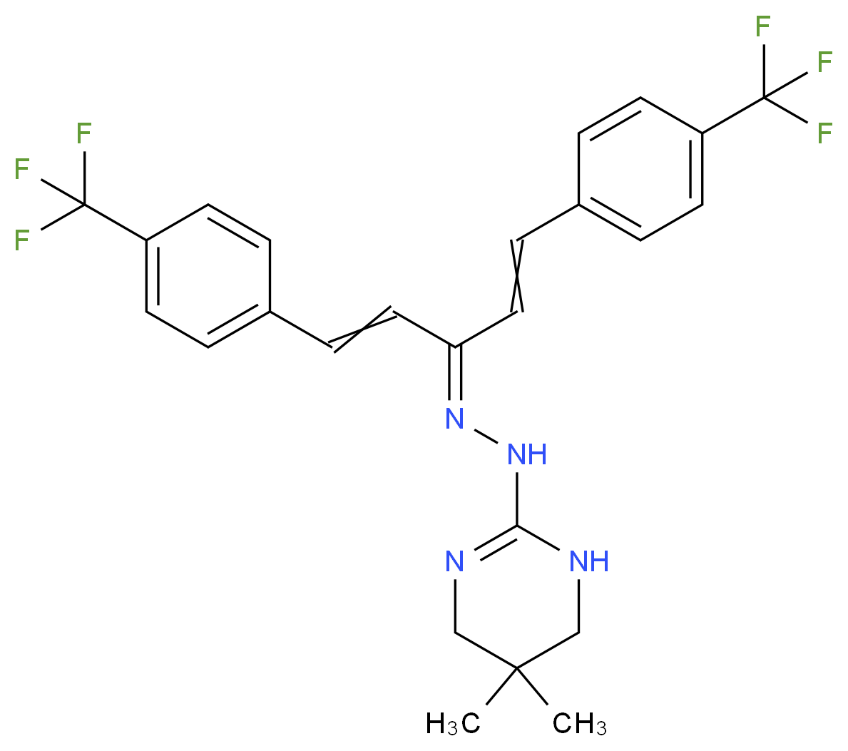 2-(2-{1,5-bis[4-(trifluoromethyl)phenyl]penta-1,4-dien-3-ylidene}hydrazin-1-yl)-5,5-dimethyl-1,4,5,6-tetrahydropyrimidine_分子结构_CAS_67485-29-4