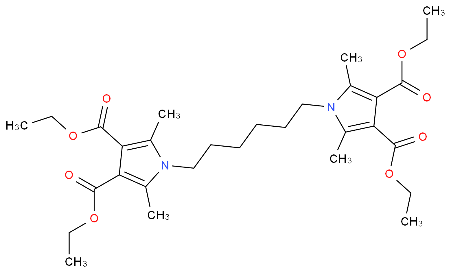 3,4-diethyl 1-{6-[3,4-bis(ethoxycarbonyl)-2,5-dimethyl-1H-pyrrol-1-yl]hexyl}-2,5-dimethyl-1H-pyrrole-3,4-dicarboxylate_分子结构_CAS_131970-79-1