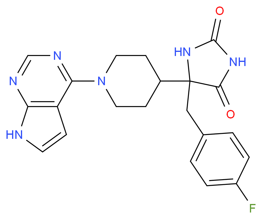5-(4-fluorobenzyl)-5-[1-(7H-pyrrolo[2,3-d]pyrimidin-4-yl)piperidin-4-yl]imidazolidine-2,4-dione_分子结构_CAS_)