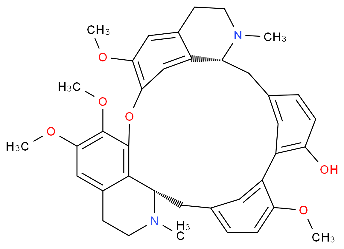 (1R,14S)-9,20,21,25-tetramethoxy-15,30-dimethyl-23-oxa-15,30-diazaheptacyclo[22.6.2.1<sup>3</sup>,<sup>7</sup>.1<sup>8</sup>,<sup>1</sup><sup>2</sup>.1<sup>1</sup><sup>4</sup>,<sup>1</sup><sup>8</sup>.0<sup>2</sup><sup>7</sup>,<sup>3</sup><sup>1</sup>.0<sup>2</sup><sup>2</sup>,<sup>3</sup><sup>3</sup>]pentatriaconta-3(35),4,6,8(34),9,11,18,20,22(33),24,26,31-dodecaen-6-ol_分子结构_CAS_6391-64-6