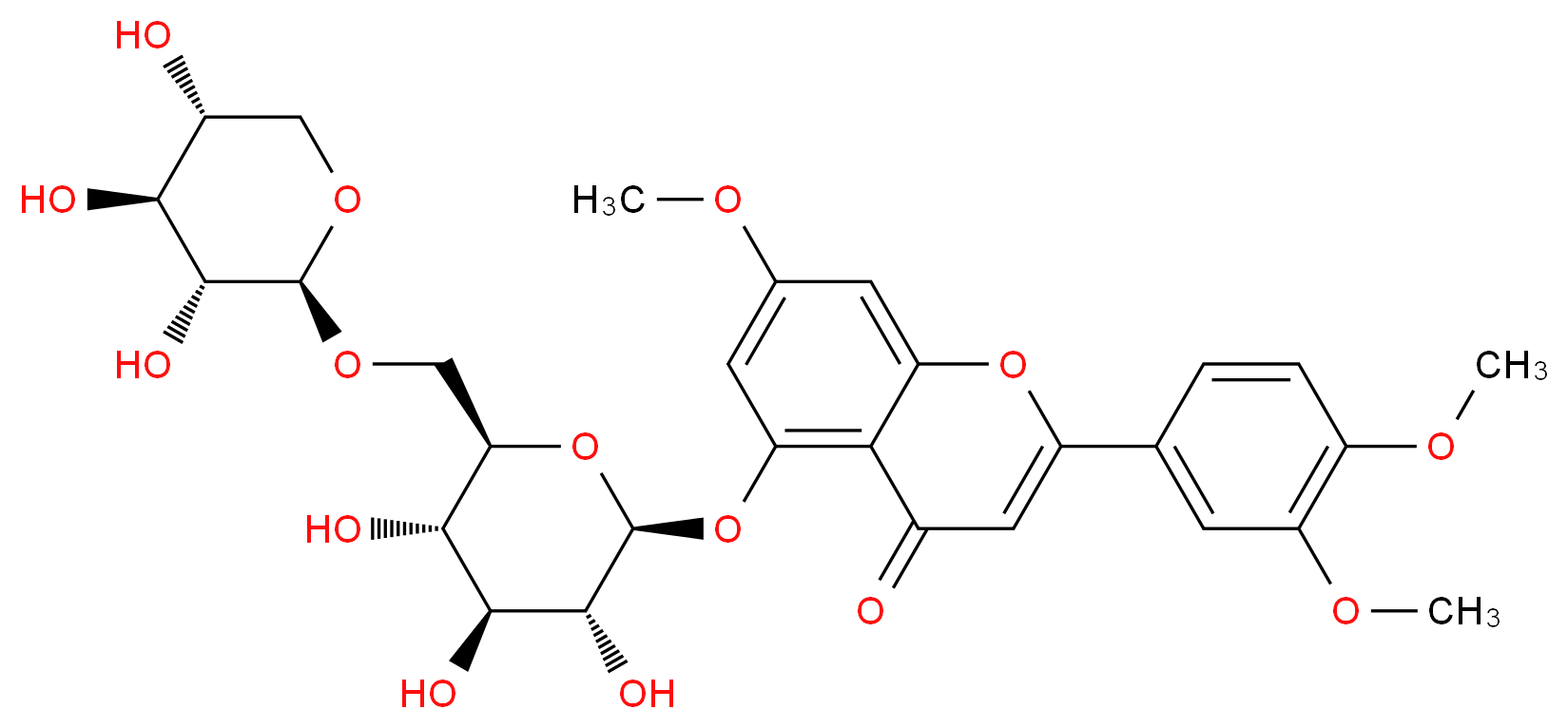 2-(3,4-dimethoxyphenyl)-7-methoxy-5-{[(2S,3R,4S,5S,6R)-3,4,5-trihydroxy-6-({[(2S,3R,4S,5R)-3,4,5-trihydroxyoxan-2-yl]oxy}methyl)oxan-2-yl]oxy}-4H-chromen-4-one_分子结构_CAS_221289-31-2