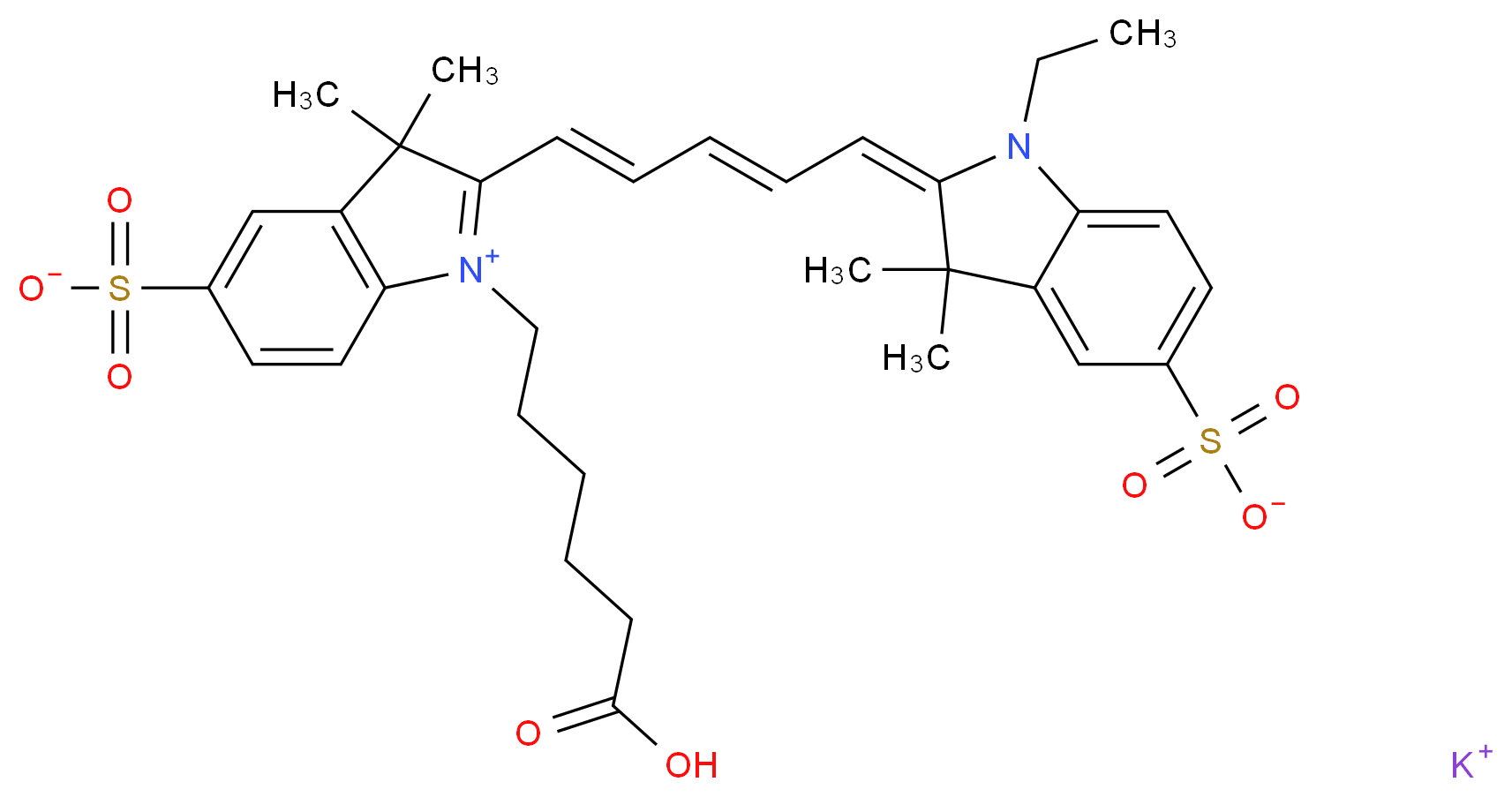 potassium 1-(5-carboxypentyl)-2-[(1E,3E)-5-[(2E)-1-ethyl-3,3-dimethyl-5-sulfonato-2,3-dihydro-1H-indol-2-ylidene]penta-1,3-dien-1-yl]-3,3-dimethyl-3H-indol-1-ium-5-sulfonate_分子结构_CAS_449175-58-0