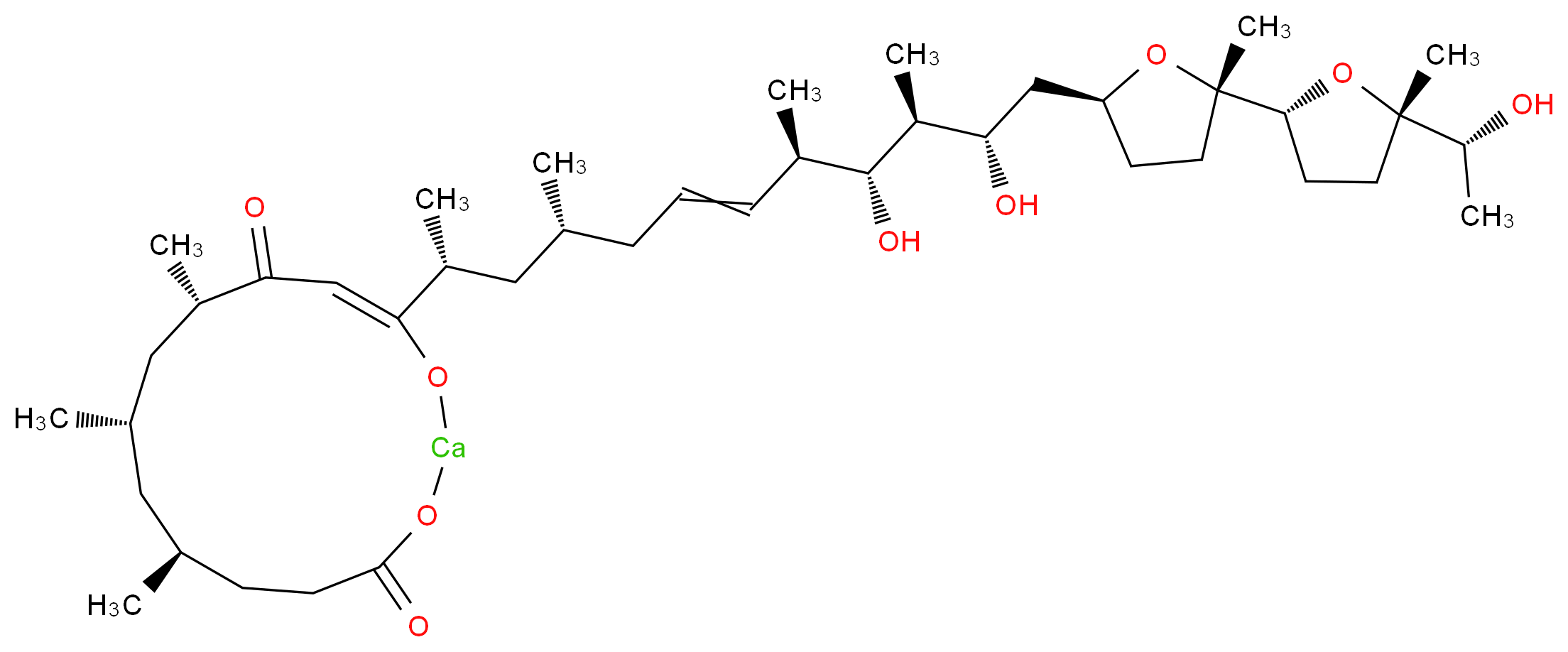 (7R,9S,11S)-14-[(2R,4R,8R,9R,10S,11S)-9,11-dihydroxy-12-[(2S,5S)-5-[(2R,5S)-5-[(1R)-1-hydroxyethyl]-5-methyloxolan-2-yl]-5-methyloxolan-2-yl]-4,8,10-trimethyldodec-6-en-2-yl]-7,9,11-trimethyl-1,3-dioxa-2-calcacyclotetradec-13-ene-4,12-dione_分子结构_CAS_56092-82-1