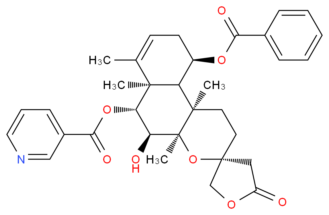 (3R,4aR,5S,6R,6aR,10R,10aS,10bR)-10-(benzoyloxy)-5-hydroxy-4a,6a,7,10b-tetramethyl-5'-oxo-1,2,4a,5,6,6a,9,10,10a,10b-decahydrospiro[naphtho[2,1-b]pyran-3,3'-oxolane]-6-yl pyridine-3-carboxylate_分子结构_CAS_1312716-25-8