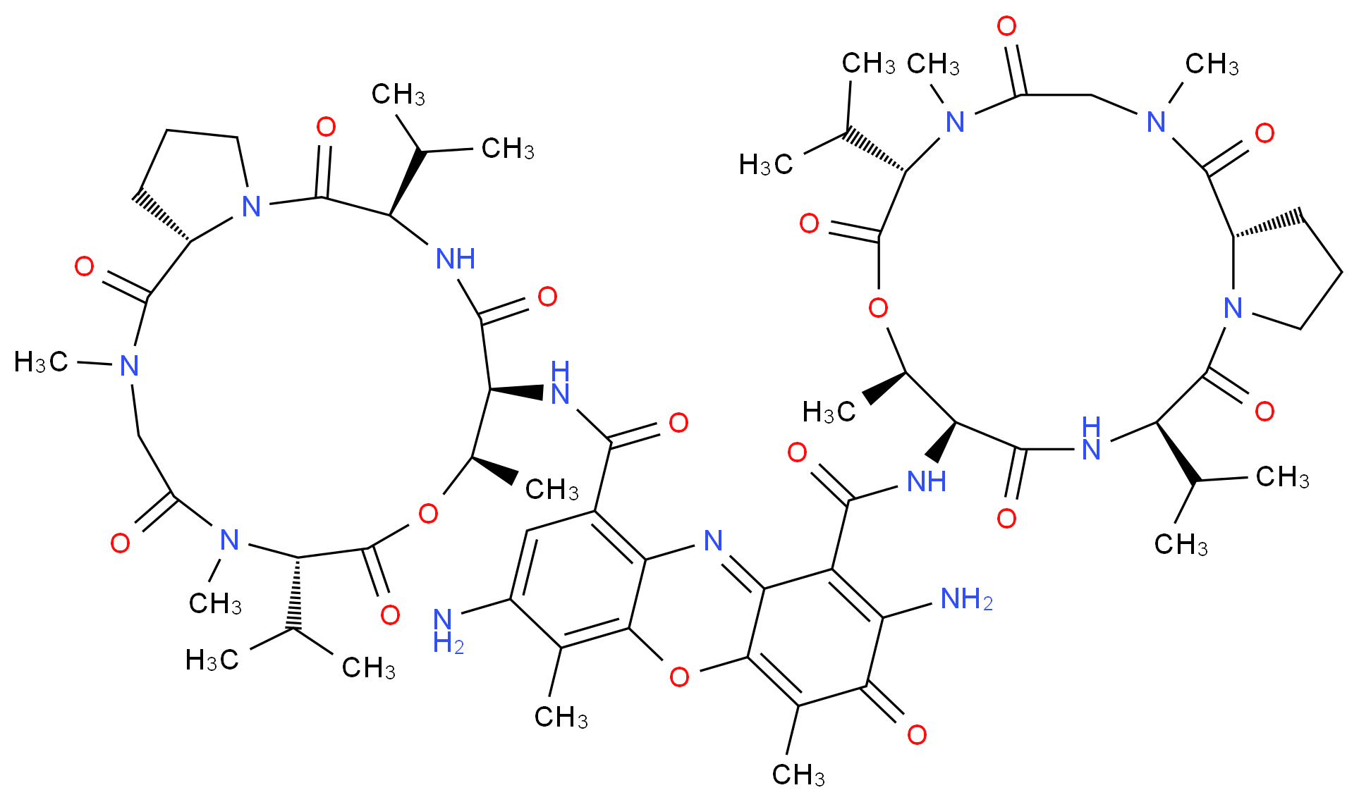 1-N,9-N-bis[(6S,9R,10S,13R,18aS)-2,5,9-trimethyl-1,4,7,11,14-pentaoxo-6,13-bis(propan-2-yl)-hexadecahydro-1H-pyrrolo[2,1-i]1-oxa-4,7,10,13-tetraazacyclohexadecan-10-yl]-2,7-diamino-4,6-dimethyl-3-oxo-3H-phenoxazine-1,9-dicarboxamide_分子结构_CAS_7240-37-1