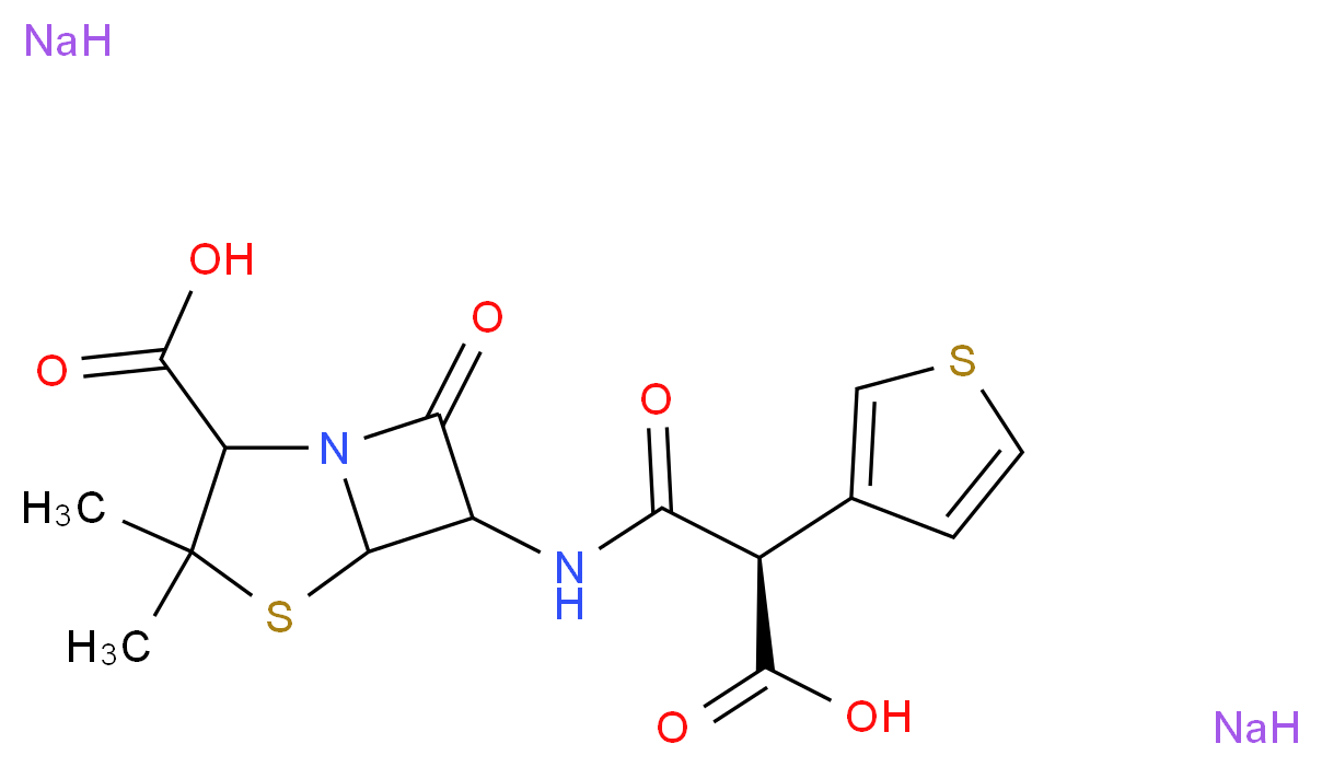 6-[(2R)-2-carboxy-2-(thiophen-3-yl)acetamido]-3,3-dimethyl-7-oxo-4-thia-1-azabicyclo[3.2.0]heptane-2-carboxylic acid disodium hydride_分子结构_CAS_29457-07-6