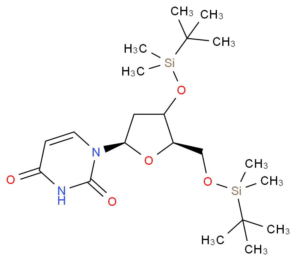 1-[(2R,5R)-4-[(tert-butyldimethylsilyl)oxy]-5-{[(tert-butyldimethylsilyl)oxy]methyl}oxolan-2-yl]-1,2,3,4-tetrahydropyrimidine-2,4-dione_分子结构_CAS_64911-18-8