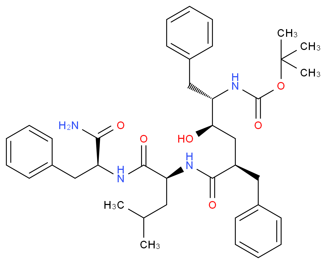 tert-butyl N-[(2S,3R,5R)-5-benzyl-5-{[(1S)-1-{[(1S)-1-carbamoyl-2-phenylethyl]carbamoyl}-3-methylbutyl]carbamoyl}-3-hydroxy-1-phenylpentan-2-yl]carbamate_分子结构_CAS_292632-98-5