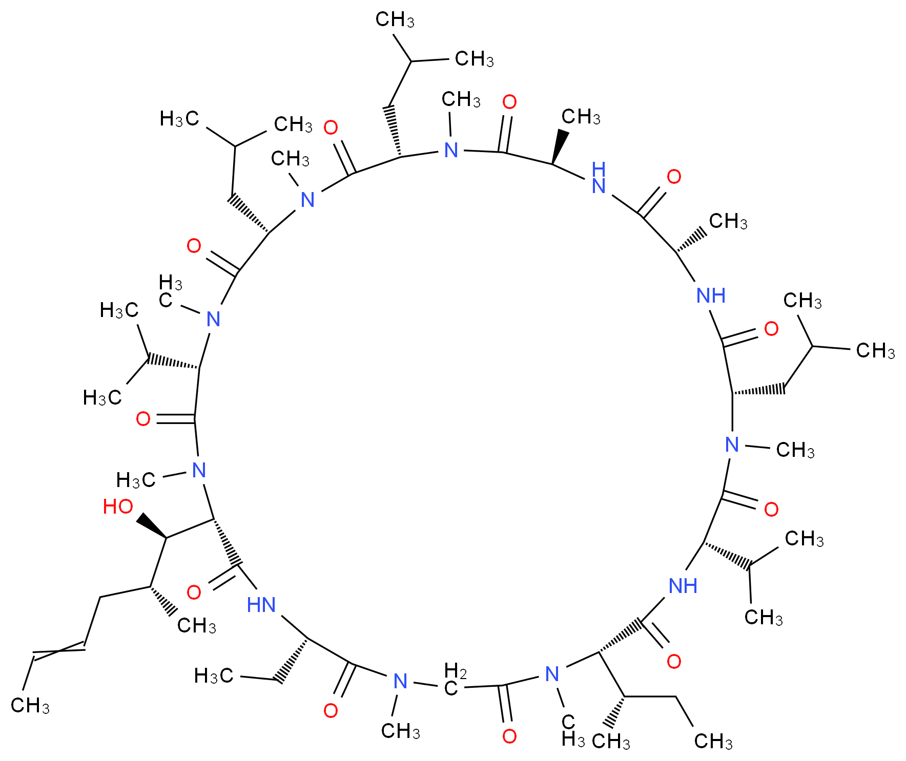 (3S,6S,9S,12R,15S,18S,21S,24S,30S,33S)-24-[(2S)-butan-2-yl]-30-ethyl-33-[(1R,2R)-1-hydroxy-2-methylhex-4-en-1-yl]-1,4,7,10,12,15,19,25,28-nonamethyl-6,9,18-tris(2-methylpropyl)-3,21-bis(propan-2-yl)-1,4,7,10,13,16,19,22,25,28,31-undecaazacyclotritriacontan-2,5,8,11,14,17,20,23,26,29,32-undecone_分子结构_CAS_143205-42-9