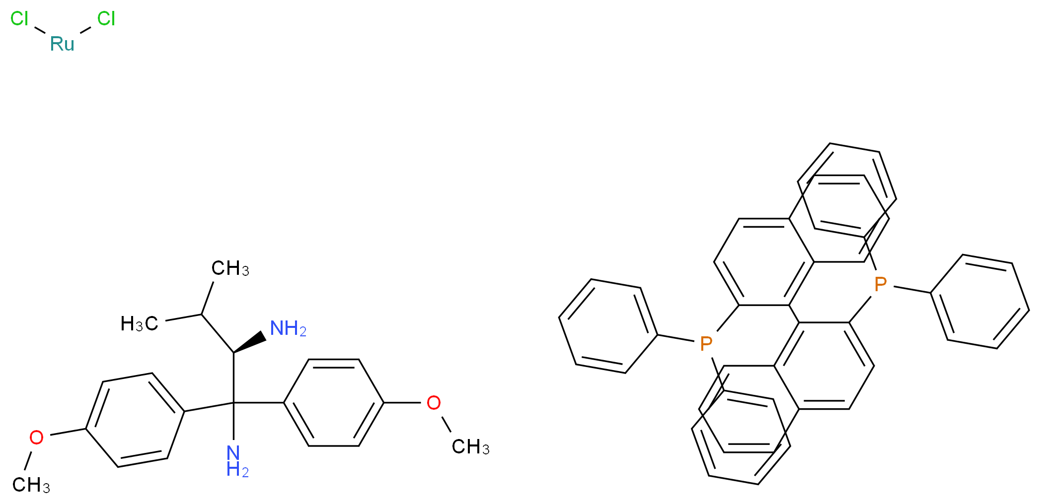 二氯[(R)-(+)-2,2′-双(二苯基膦)-1,1′-联萘基][(2R)-(-)-1,1-双(4-甲氧苯基)-3-甲基-1,2-丁二胺]钌(II)_分子结构_CAS_329735-86-6)