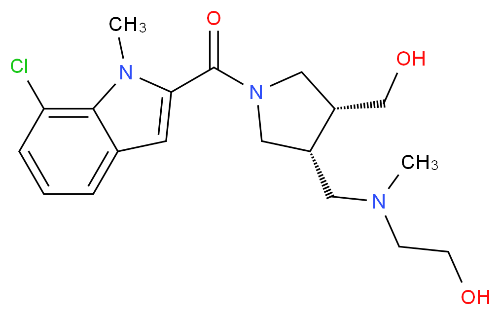 2-[{[(3R*,4R*)-1-[(7-chloro-1-methyl-1H-indol-2-yl)carbonyl]-4-(hydroxymethyl)pyrrolidin-3-yl]methyl}(methyl)amino]ethanol_分子结构_CAS_)