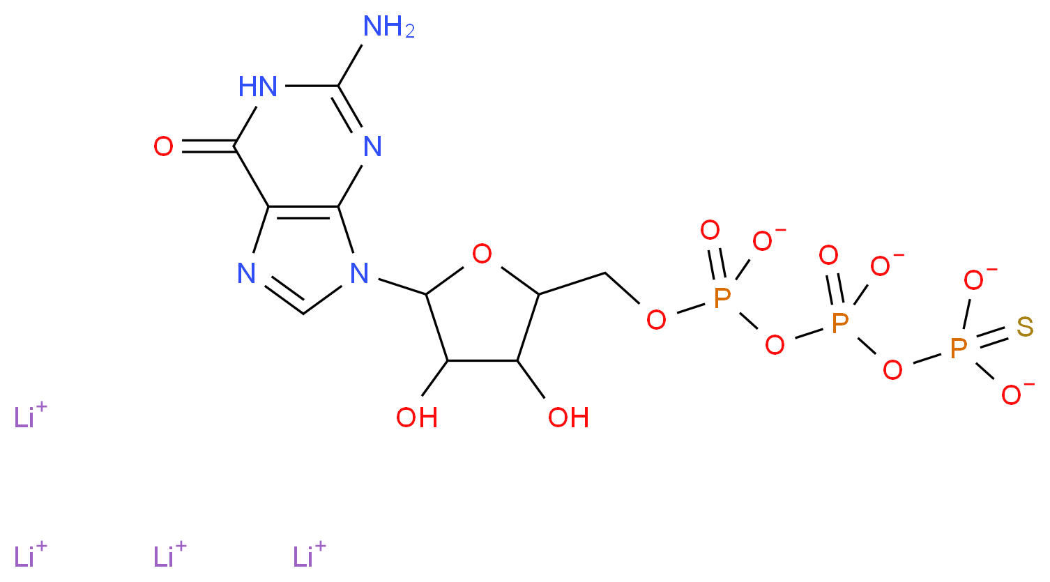 tetralithium(1+) ion [5-(2-amino-6-oxo-6,9-dihydro-1H-purin-9-yl)-3,4-dihydroxyoxolan-2-yl]methyl {[dioxido(sulfanylidene)-$l^{5}-phosphanyl phosphonato]oxy}phosphonate_分子结构_CAS_94825-44-2