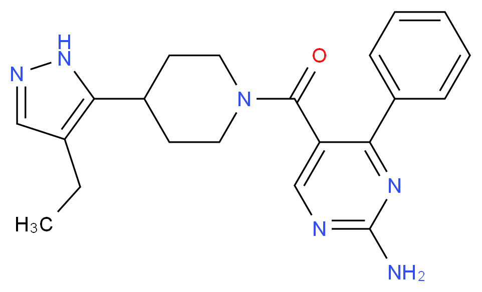 5-{[4-(4-ethyl-1H-pyrazol-5-yl)piperidin-1-yl]carbonyl}-4-phenylpyrimidin-2-amine_分子结构_CAS_)