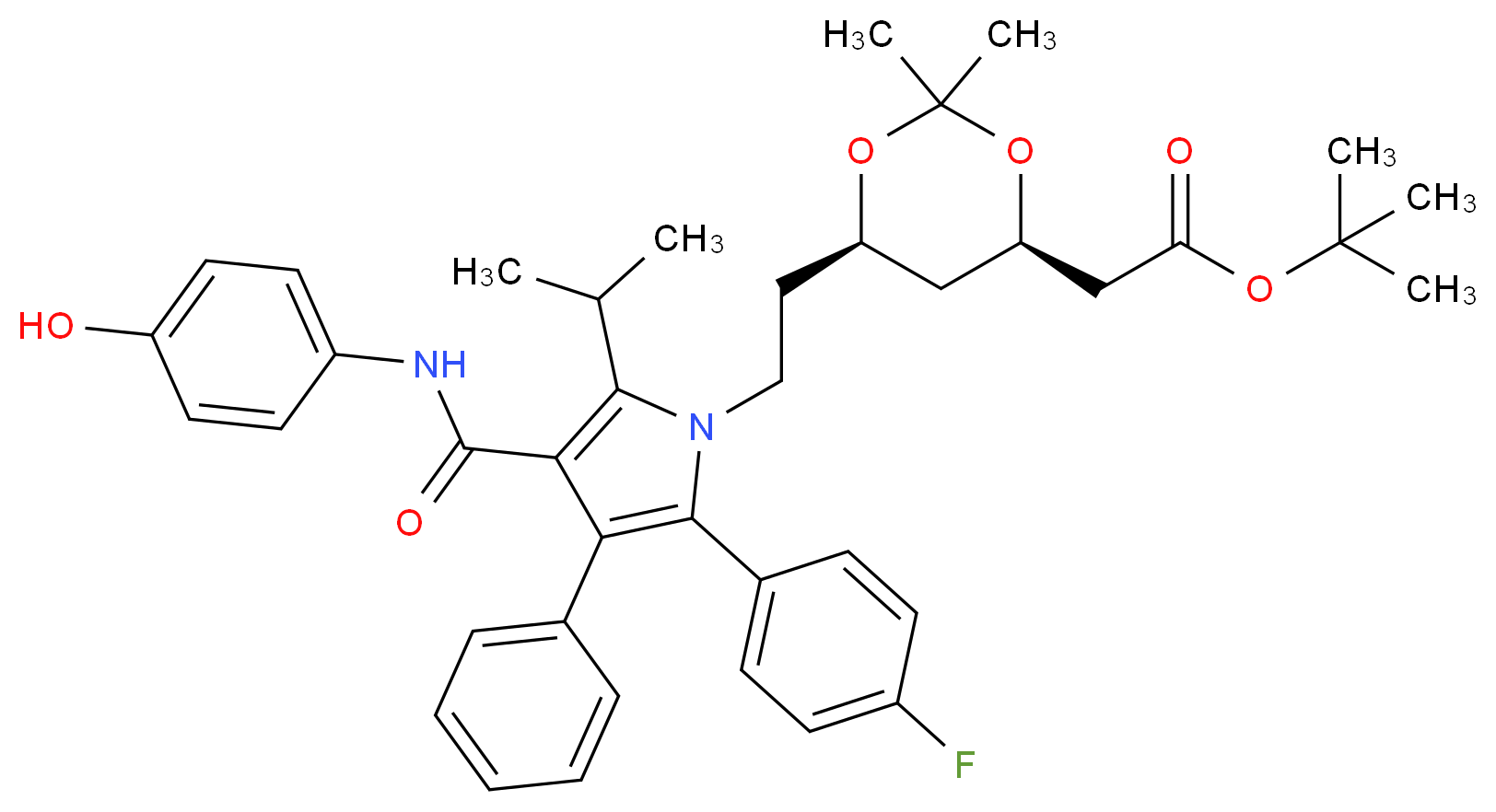 tert-butyl 2-[(4R,6R)-6-{2-[2-(4-fluorophenyl)-4-[(4-hydroxyphenyl)carbamoyl]-3-phenyl-5-(propan-2-yl)-1H-pyrrol-1-yl]ethyl}-2,2-dimethyl-1,3-dioxan-4-yl]acetate_分子结构_CAS_265989-36-4