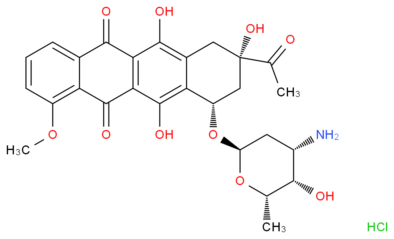 (8S,10S)-8-acetyl-10-{[(2R,4S,5S,6S)-4-amino-5-hydroxy-6-methyloxan-2-yl]oxy}-6,8,11-trihydroxy-1-methoxy-5,7,8,9,10,12-hexahydrotetracene-5,12-dione hydrochloride_分子结构_CAS_23541-50-6