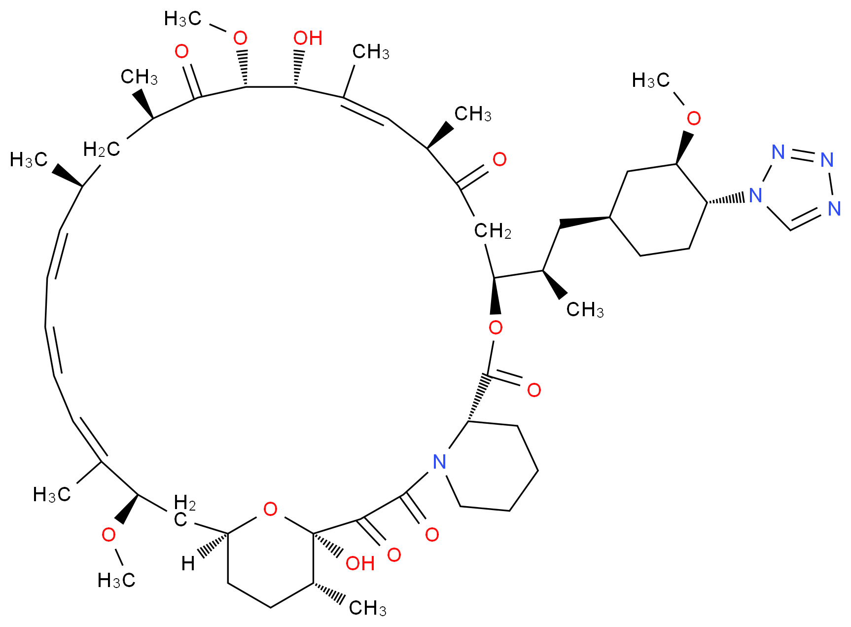 (1R,9S,12S,15R,16E,18R,19R,21R,23S,24E,26E,28E,30R,32S,35R)-1,18-dihydroxy-19,30-dimethoxy-12-[(2R)-1-[(1S,3R,4R)-3-methoxy-4-(1H-1,2,3,4-tetrazol-1-yl)cyclohexyl]propan-2-yl]-15,17,21,23,29,35-hexamethyl-11,36-dioxa-4-azatricyclo[30.3.1.0<sup>4</sup>,<sup>9</sup>]hexatriaconta-16,24,26,28-tetraene-2,3,10,14,20-pentone_分子结构_CAS_221877-54-9