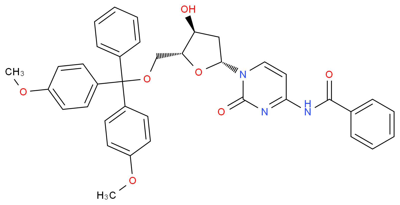 N4-苯甲酰基-5′-O-(4,4′-二甲氧基三苯基)-2′-脱氧胞苷_分子结构_CAS_67219-55-0)