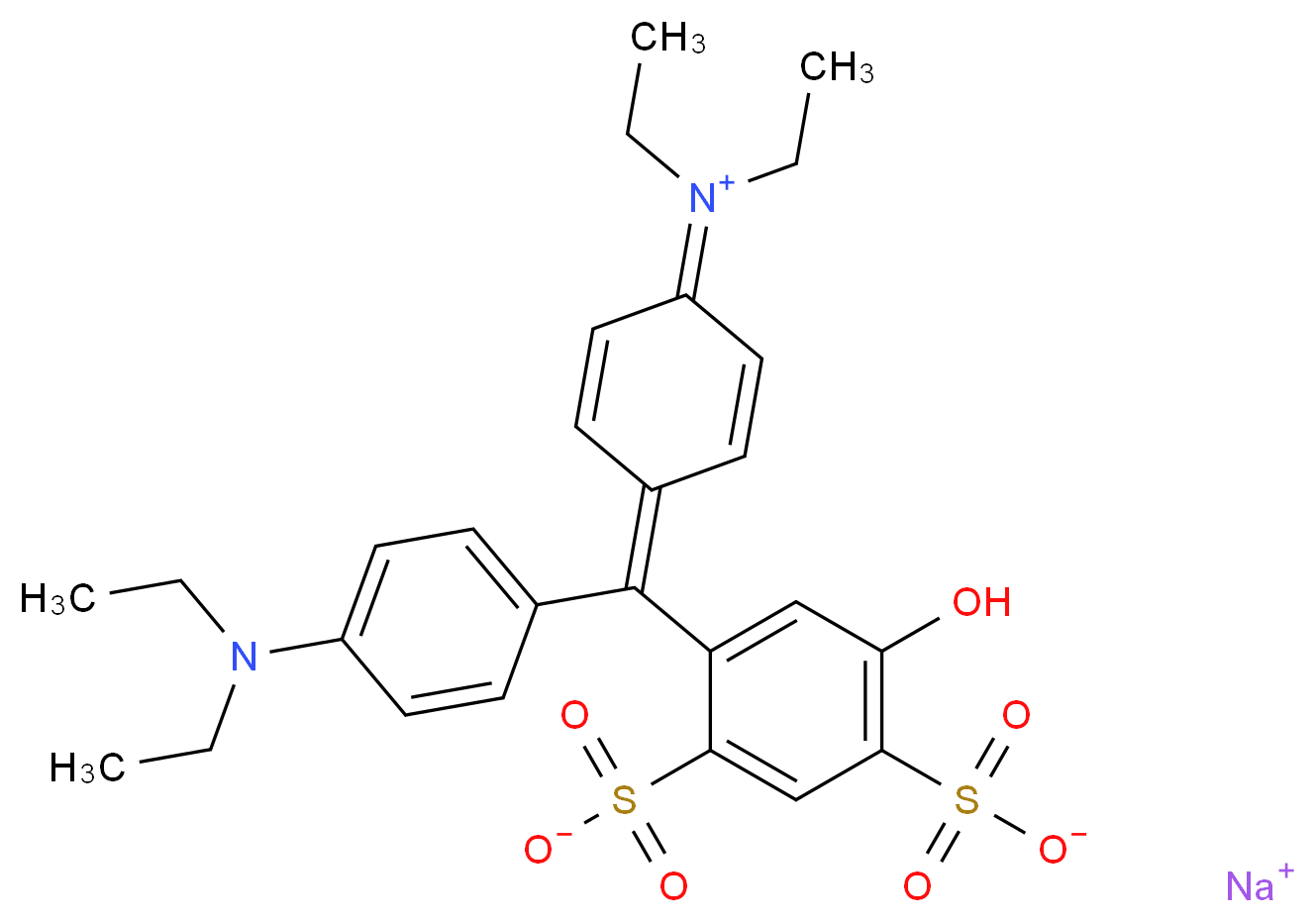 sodium 4-{[4-(diethylamino)phenyl][4-(diethyliminiumyl)cyclohexa-2,5-dien-1-ylidene]methyl}-6-hydroxybenzene-1,3-disulfonate_分子结构_CAS_20262-76-4