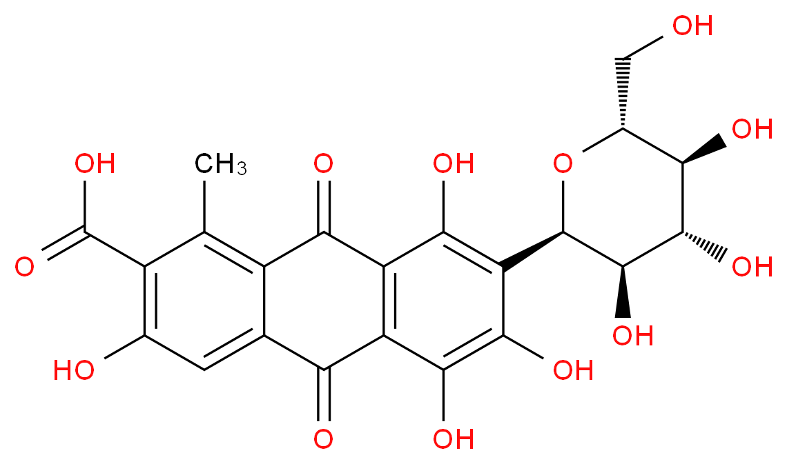 3,5,6,8-tetrahydroxy-1-methyl-9,10-dioxo-7-[(2R,3R,4R,5S,6R)-3,4,5-trihydroxy-6-(hydroxymethyl)oxan-2-yl]-9,10-dihydroanthracene-2-carboxylic acid_分子结构_CAS_1260-17-9