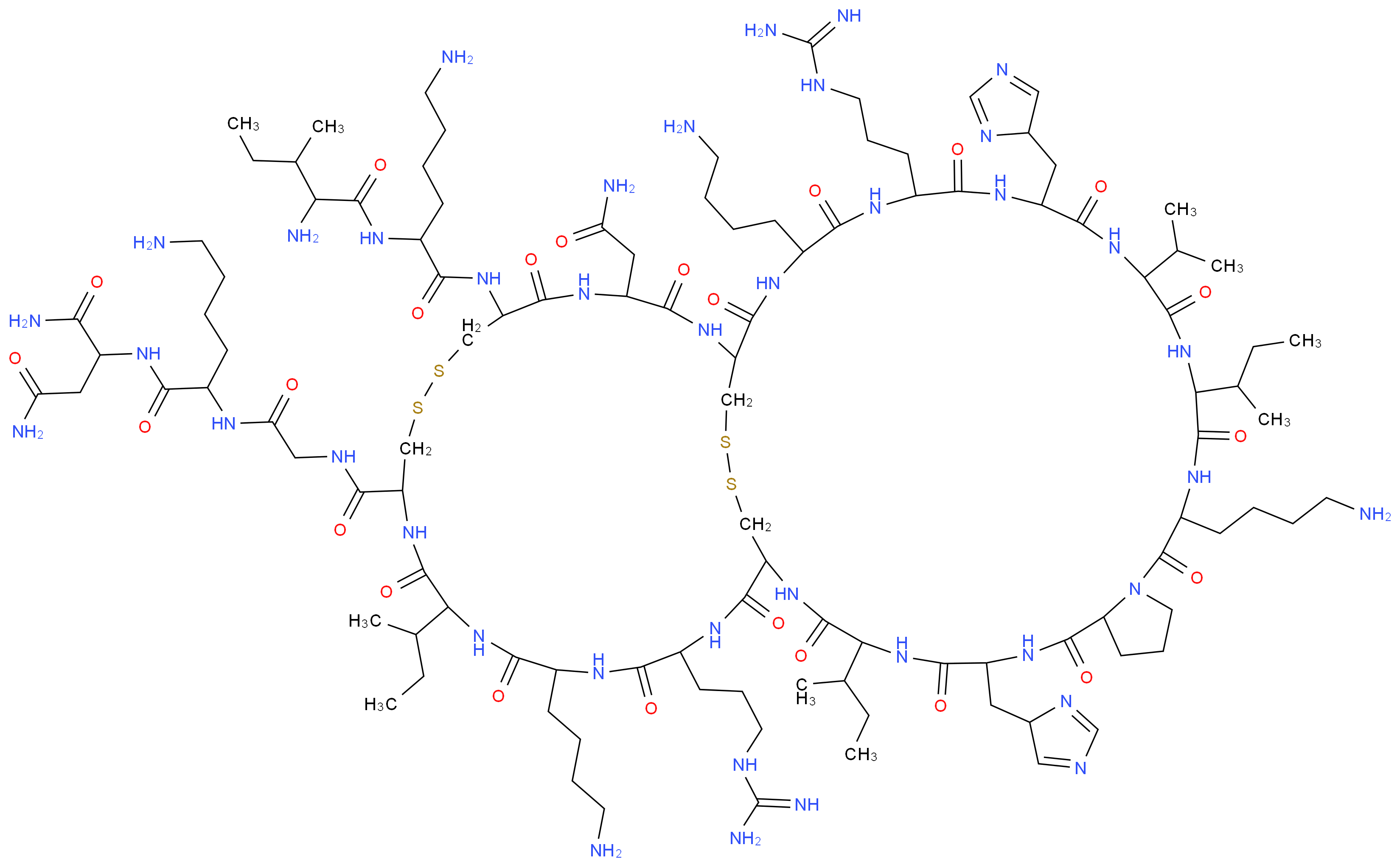 2-{6-amino-2-[2-({40-[6-amino-2-(2-amino-3-methylpentanamido)hexanamido]-16,31,51-tris(4-aminobutyl)-4,19,48-tris(butan-2-yl)-28,54-bis(3-carbamimidamidopropyl)-37-(carbamoylmethyl)-7,25-bis(4H-imidazol-4-ylmethyl)-3,6,9,15,18,21,24,27,30,33,36,39,47,50,53,56-hexadecaoxo-22-(propan-2-yl)-42,43,58,59-tetrathia-2,5,8,14,17,20,23,26,29,32,35,38,46,49,52,55-hexadecaazatricyclo[32.22.4.0^{10,14}]hexacontan-45-yl}formamido)acetamido]hexanamido}butanediamide_分子结构_CAS_32908-73-9