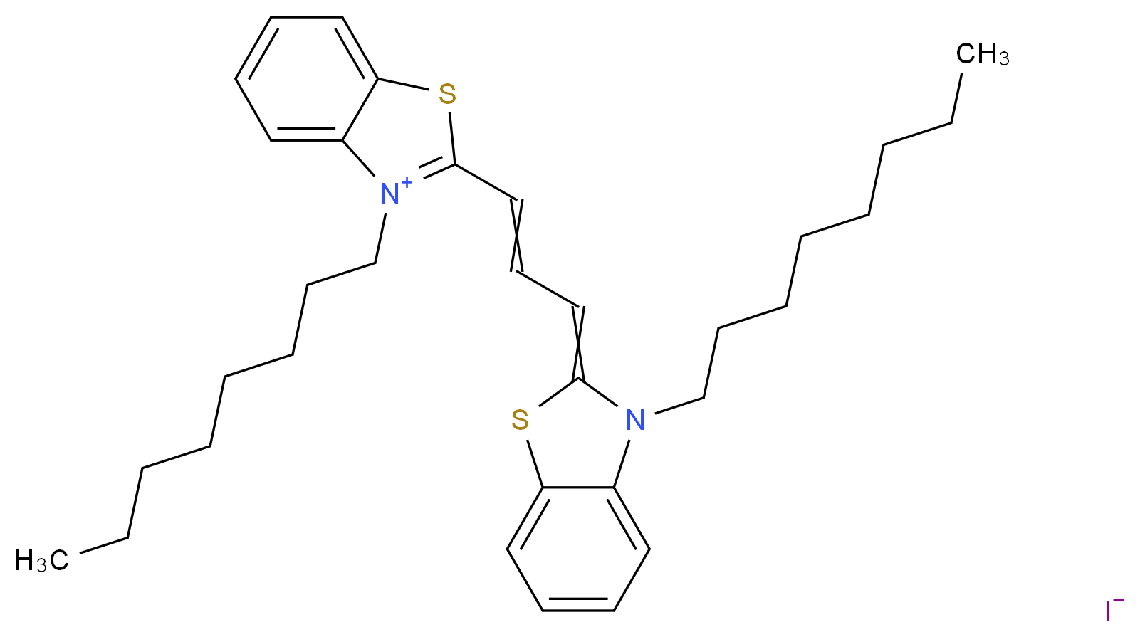 3-octyl-2-[3-(3-octyl-2,3-dihydro-1,3-benzothiazol-2-ylidene)prop-1-en-1-yl]-1,3-benzothiazol-3-ium iodide_分子结构_CAS_53213-89-1