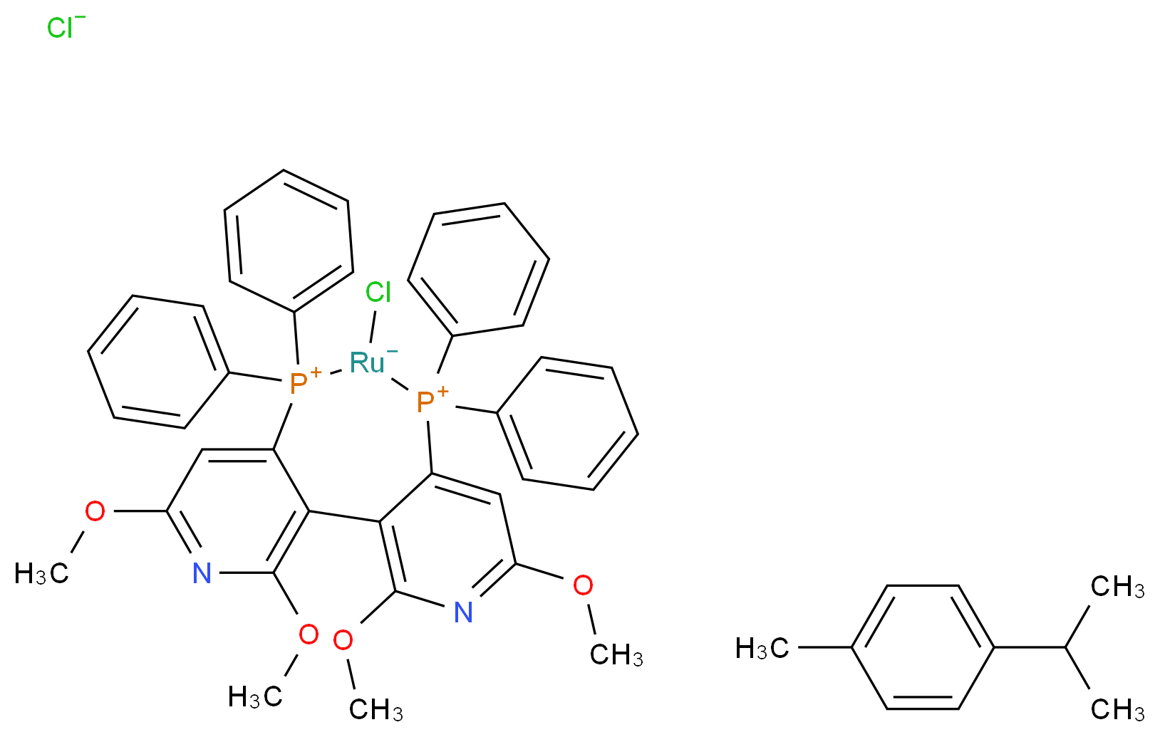 1-methyl-4-(propan-2-yl)benzene 9-chloro-3,5,13,15-tetramethoxy-8,8,10,10-tetraphenyl-4,14-diaza-8λ<sup>5</sup>,10λ<sup>5</sup>-diphospha-9-ruthenatricyclo[9.4.0.0<sup>2</sup>,<sup>7</sup>]pentadeca-1(15),2,4,6,11,13-hexaene-8,10-bis(ylium)-9-uide chloride_分子结构_CAS_220998-38-9